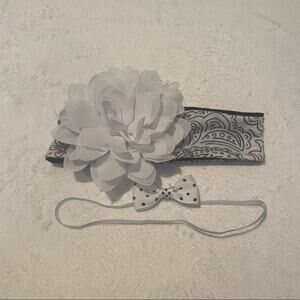 Set of 2 Baby Girl Headbands Black & White Flower & Bow Polka Dots Paisley Print